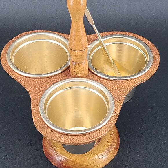 Vintage Wood Condiment Server Caddy Three Cups Spoon Made In Japan - Picture 2 of 9